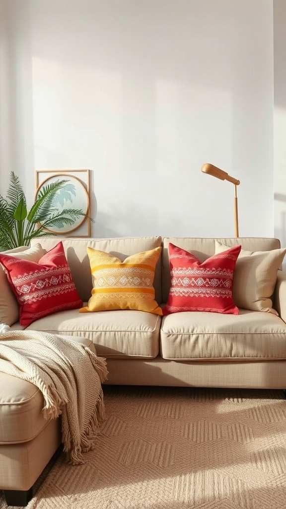 A cozy living room with colorful throw pillows on a beige sofa, featuring a soft blanket and a plant.