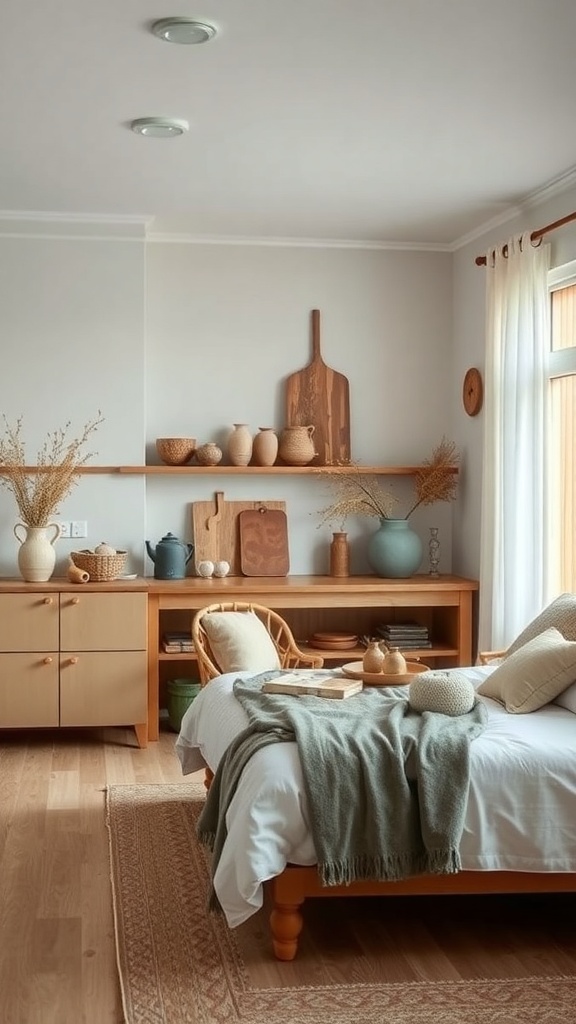 A cozy kitchen with wooden shelves, pottery, and natural elements creating an earthy atmosphere.