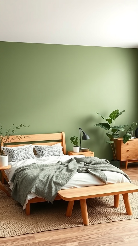 A serene bedroom featuring earthy green walls, wooden furniture, and plants.