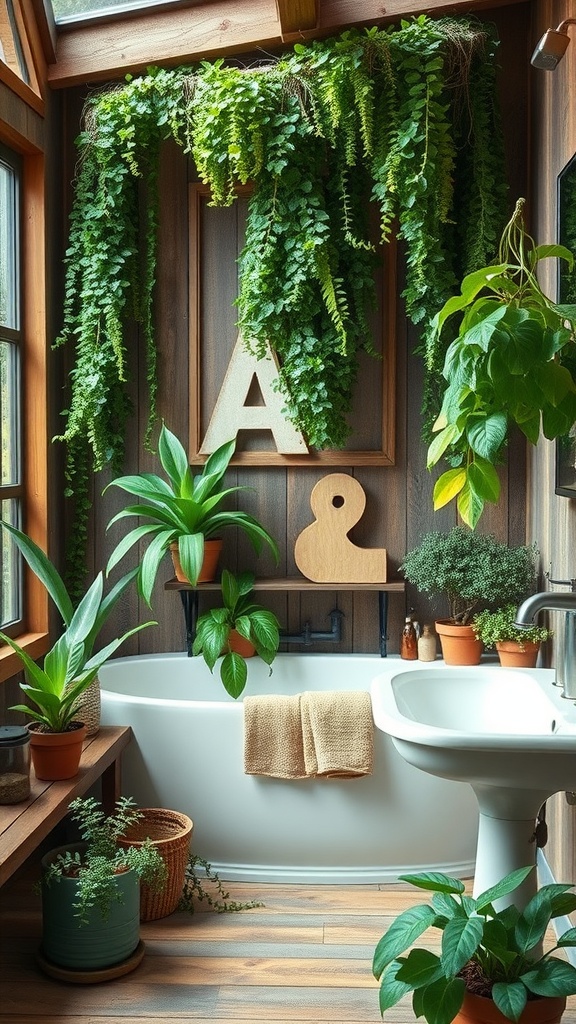 Rustic bathroom with hanging ferns and potted plants