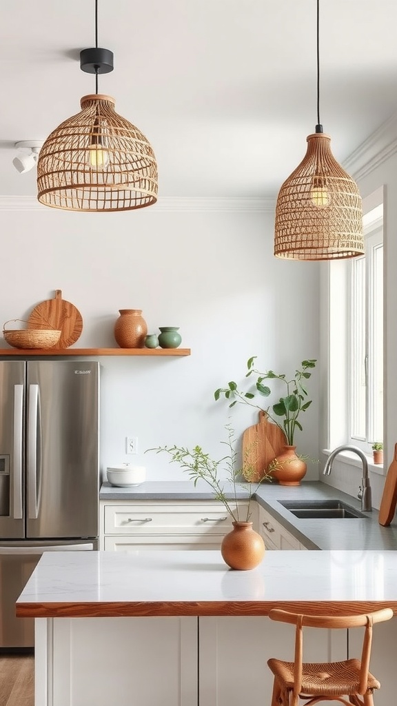 Earthy rattan pendant lights hanging in a modern kitchen.