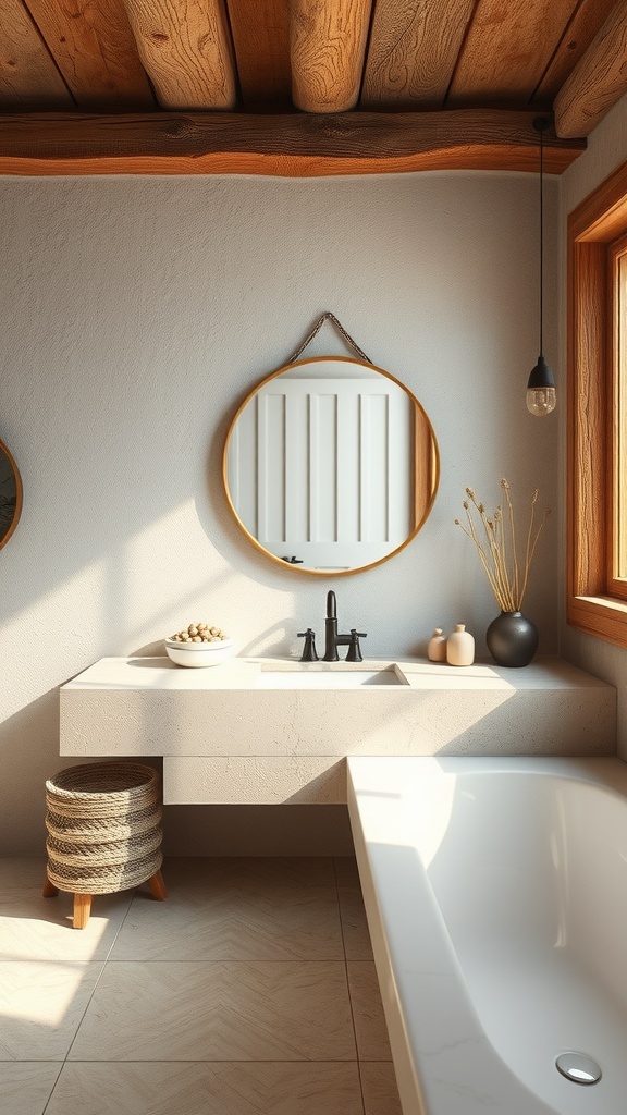 A serene bathroom featuring a limestone countertop, wooden beams, and natural decor.
