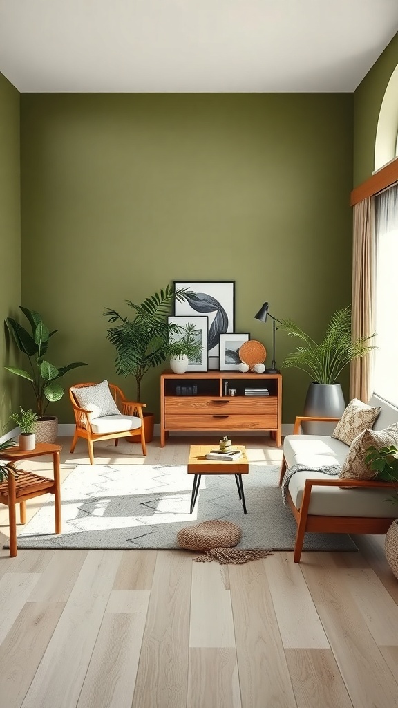 Living room with earthy olive green walls, wooden furniture, and plants