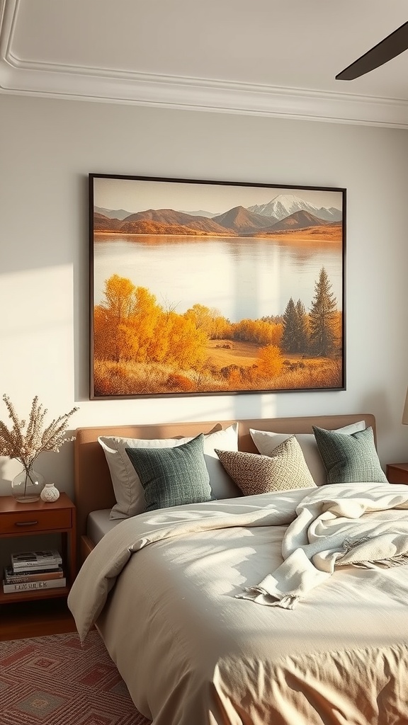 A cozy bedroom featuring earthy toned wall art of a landscape with autumn colors above a neatly made bed.