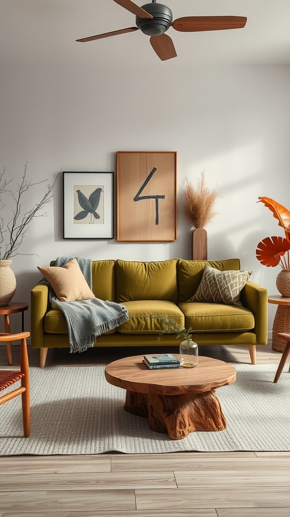 A living room featuring an olive green couch, wooden coffee table, and earthy decor elements.