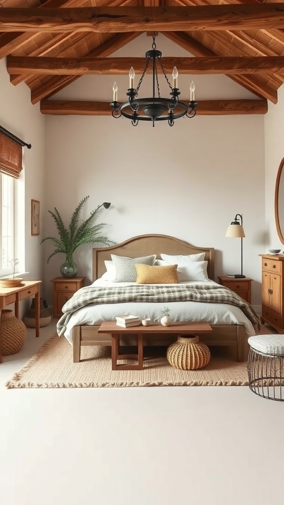 Cozy French country bedroom with wooden beams, earthy tones, and natural materials.