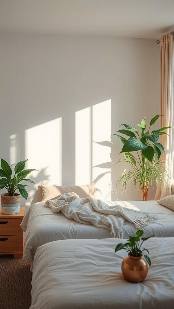 A neutral bedroom featuring earthy tones, plants, and natural light.