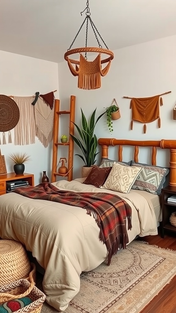 A boho-inspired bedroom featuring earthy tones, wooden furniture, patterned pillows, and plants.