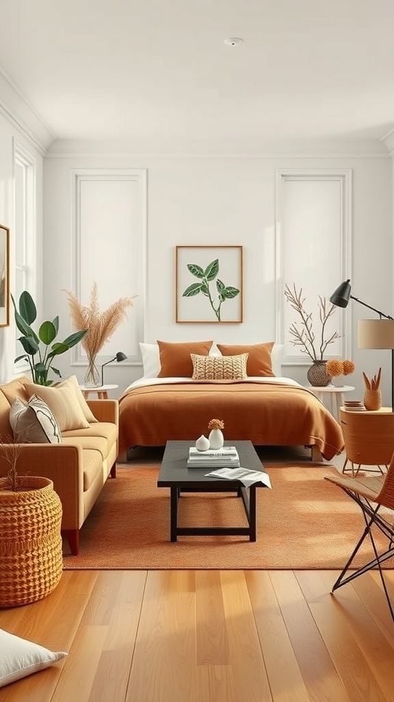 A cozy bedroom featuring earthy tones with a warm orange bedspread, a comfortable sofa, and natural decor elements.