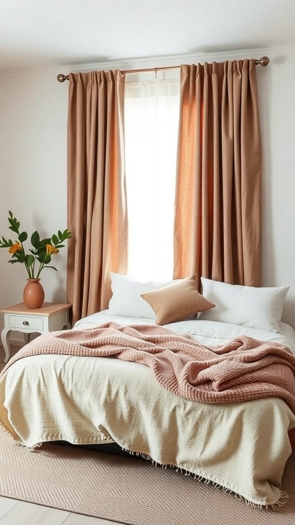 A neutral bedroom featuring earthy tones with a beige bedspread, a rosy knitted throw, and warm curtains.