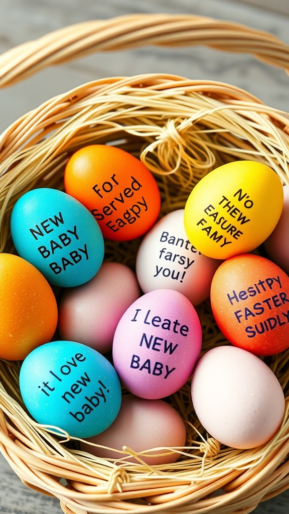 A basket filled with colorful Easter eggs, each with fun phrases related to a new baby announcement.