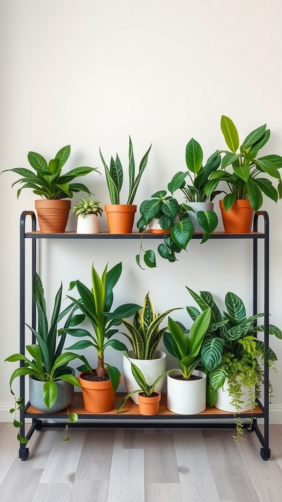 A variety of non-toxic houseplants displayed on a black shelf, including Snake Plant, Peace Lily, and Pothos.