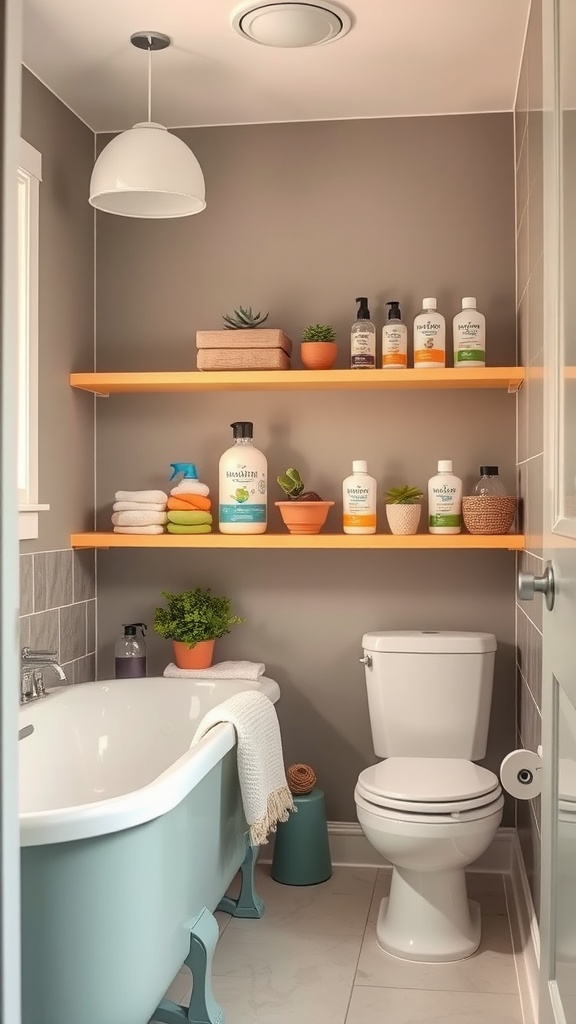Organized bathroom with shelves displaying bath products and towels, featuring small plants for decoration