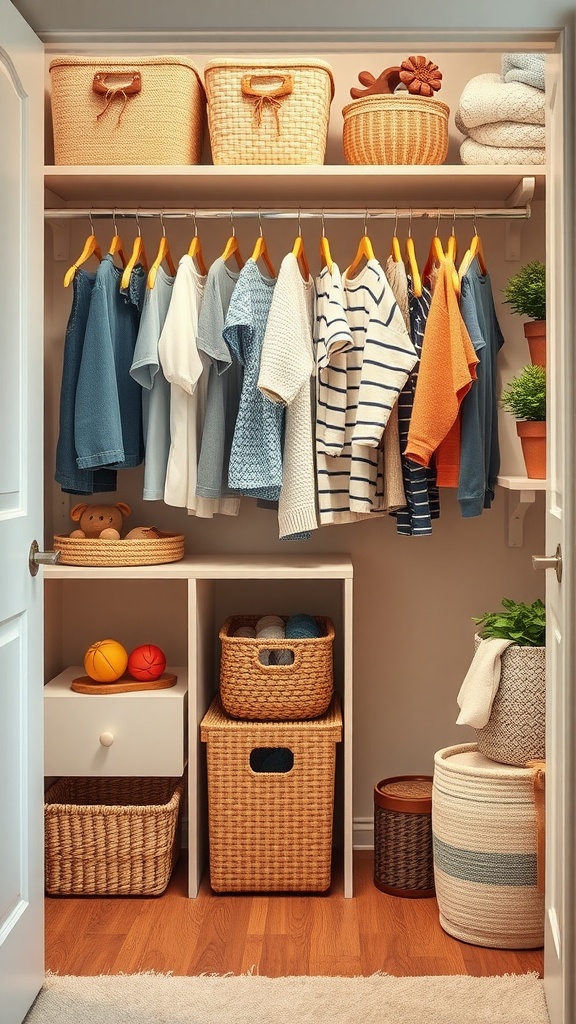 A toddler's closet organized with clothes on hangers and baskets for storage