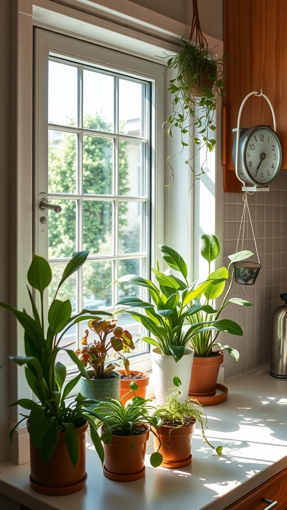 A collection of air-purifying house plants near a sunny window.