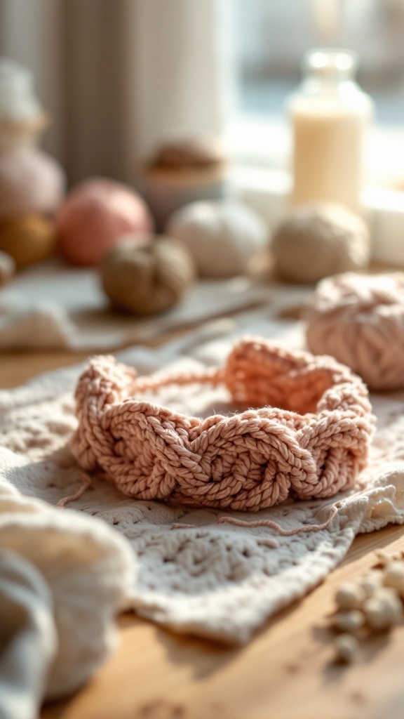 A crocheted pink headband displayed on a light surface with yarn balls in the background.