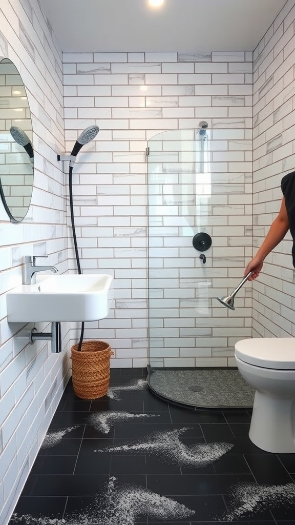 A modern bathroom featuring a black tile floor, white walls, and a person cleaning the floor with a mop.