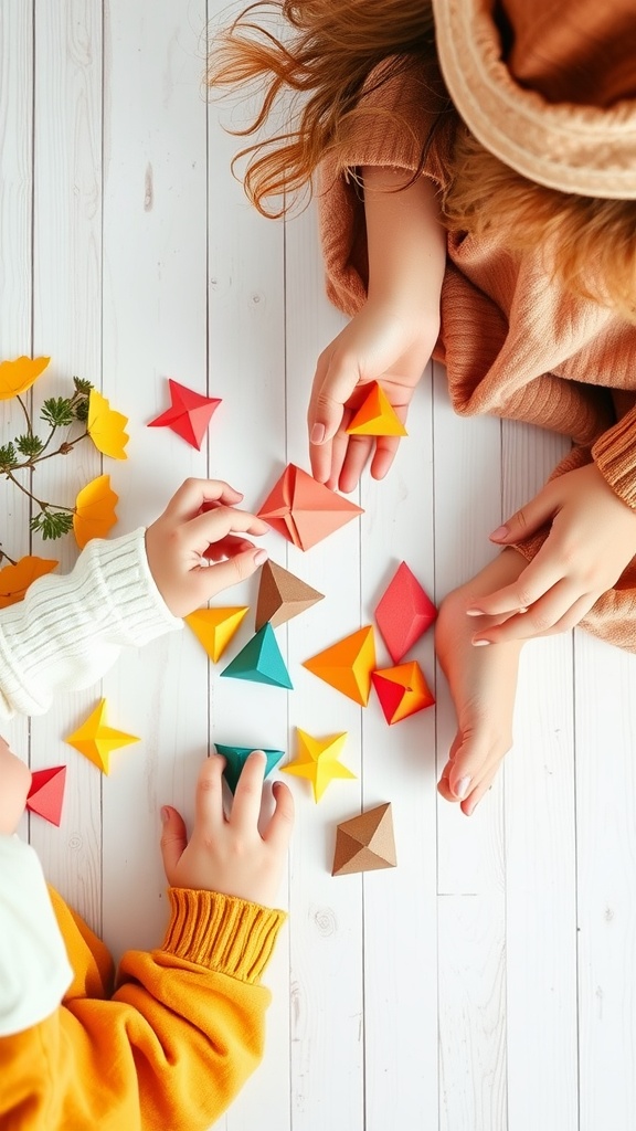 Children's hands working on colorful origami shapes on a wooden table