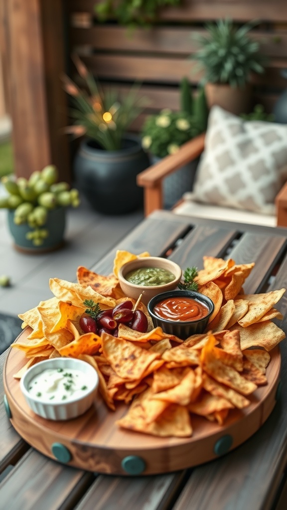 A wooden platter filled with tortilla chips, dips, and grapes, set in a cozy backyard bar environment.