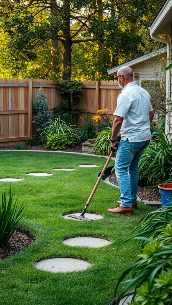 A person maintaining turf in a backyard with stepping stones and greenery around