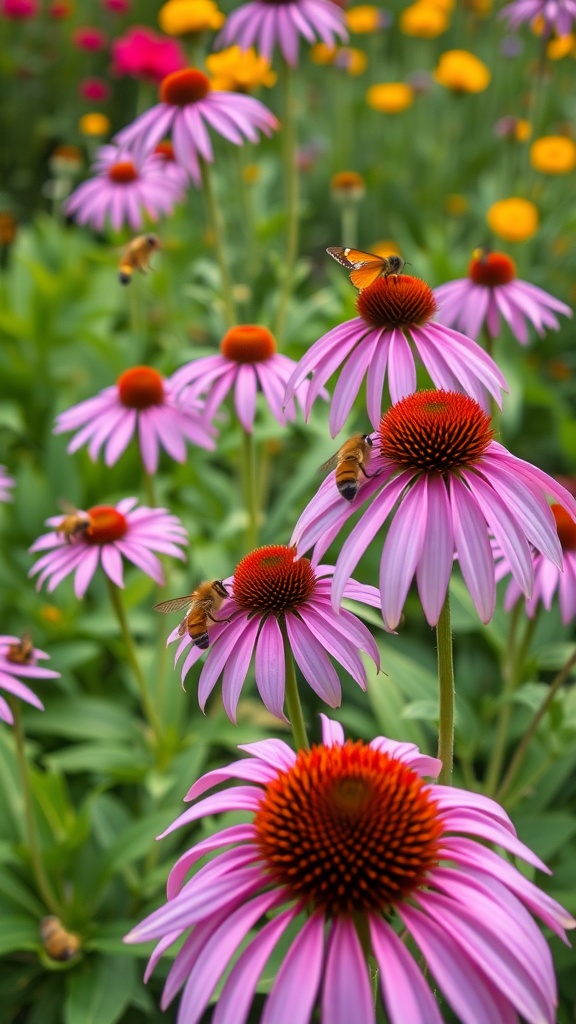 Colorful Echinacea flowers attracting bees and butterflies in a garden.