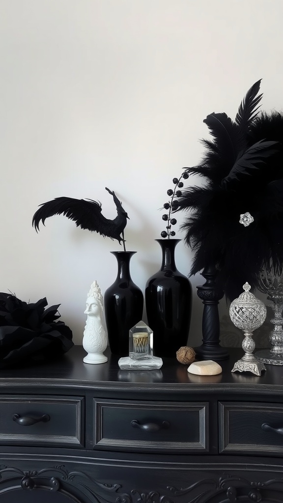 A goth bedroom accessory mix showcasing black vases, feathers, and unique decorative pieces.