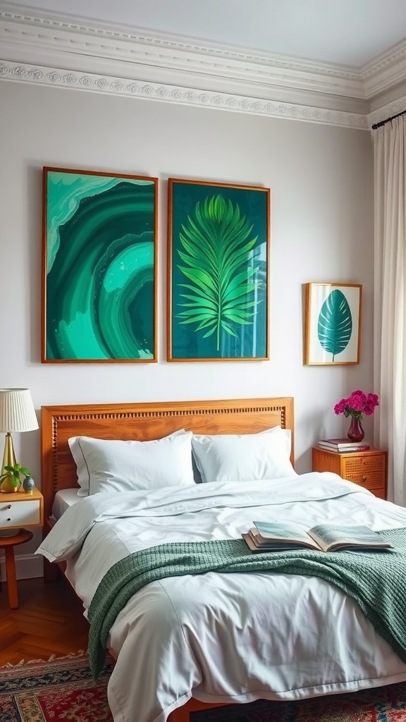 A cozy bedroom featuring emerald green art on the walls, a wooden bed, and soft bedding.