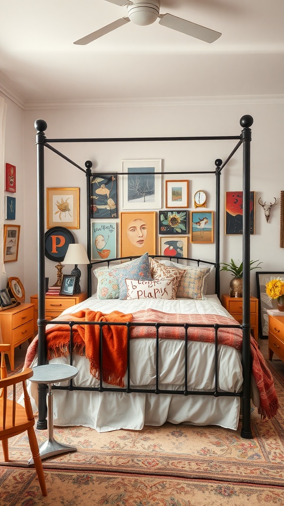 A cozy four-poster bed in a bedroom decorated with an eclectic array of framed art on the walls.