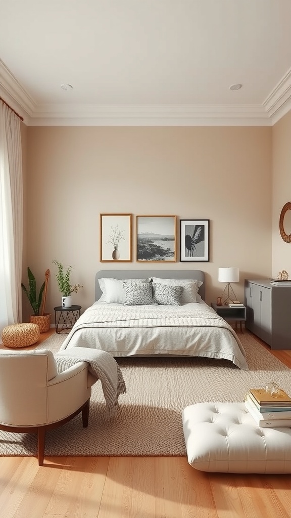 A cozy beige bedroom featuring a bed with light linens, framed artwork on the walls, a comfortable armchair, and plants.