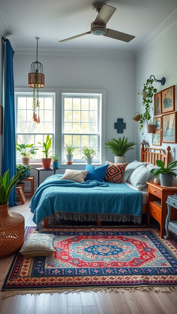 A cozy bedroom featuring blue bedding, green plants, and eclectic decor.