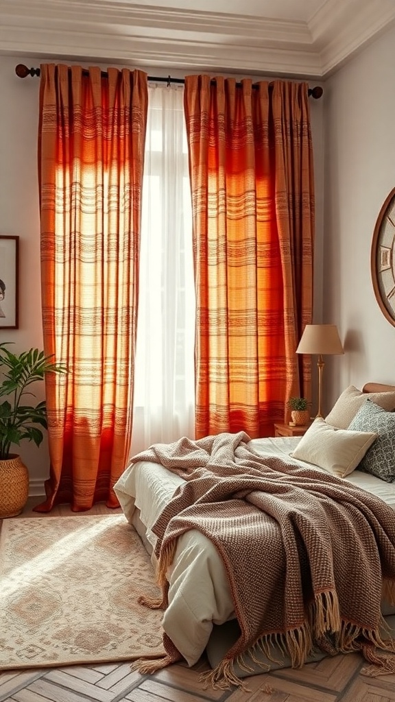 A cozy bedroom featuring warm orange curtains, a neutral bedspread, and a knitted throw.