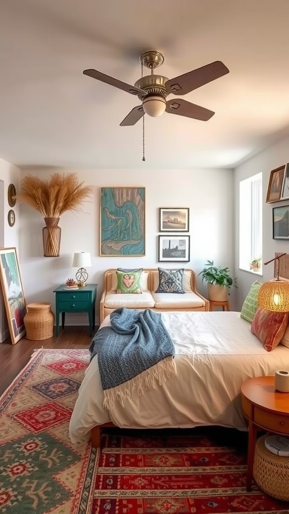 A cozy basement bedroom featuring eclectic bohemian decor with a bed, colorful rugs, and wall art.