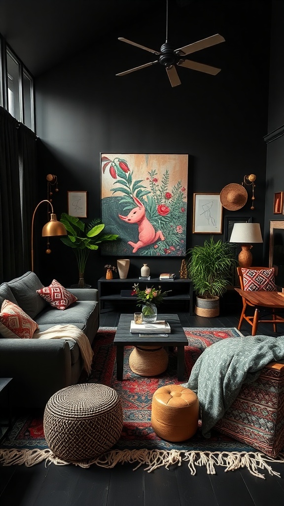 A cozy black living room featuring eclectic bohemian decor with colorful artwork, plants, and textured furnishings.