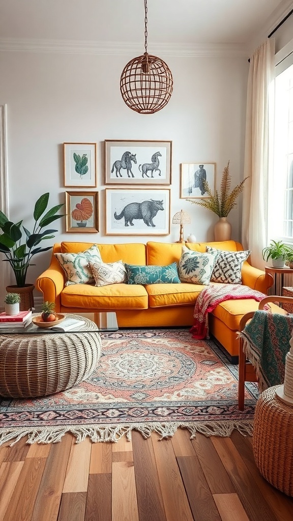 A cozy living room with a yellow couch, patterned cushions, a woven coffee table, and artwork on the walls.