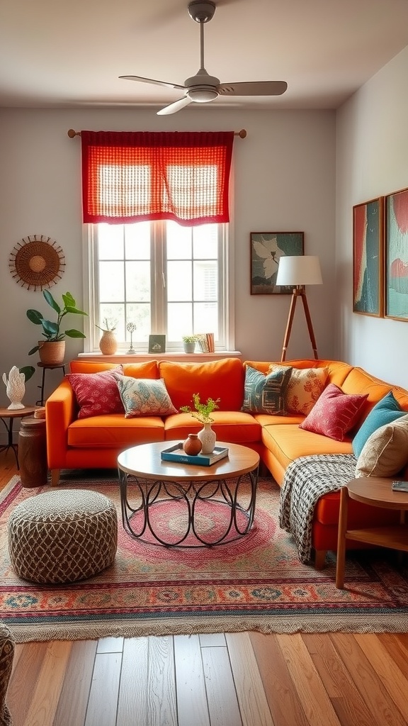 A cozy living room featuring an orange sofa, colorful cushions, a round coffee table, and a patterned rug, showcasing eclectic bohemian style.