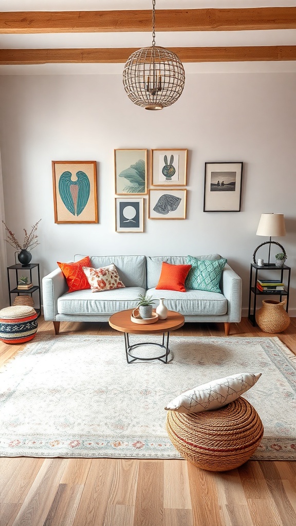 A cozy living room featuring a light gray couch with colorful pillows, a round coffee table, and eclectic wall art.