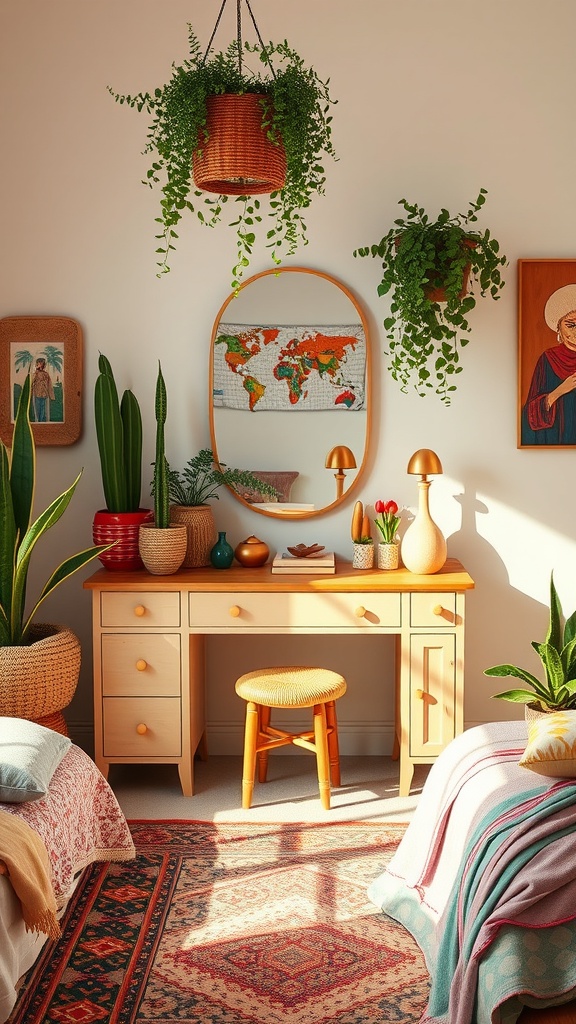 Eclectic bohemian bathroom vanity with plants, wooden desk, and decorative items.