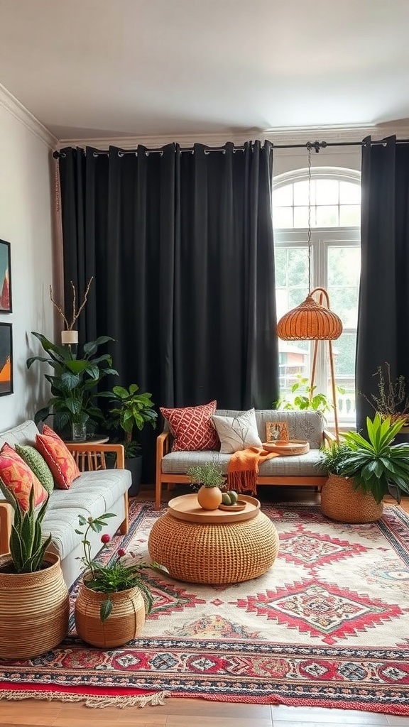A cozy living room featuring black curtains, a gray sofa with colorful cushions, a round coffee table, and various plants, showcasing eclectic bohemian vibes.