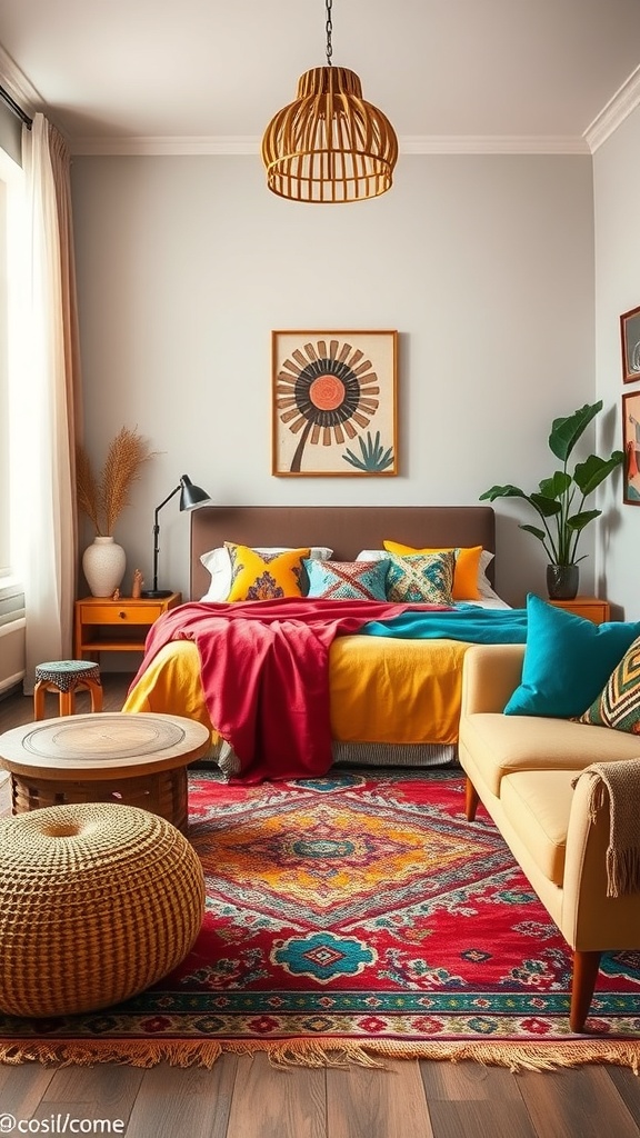 A bohemian living room featuring a colorful bedspread, vibrant pillows, and a patterned rug, creating an eclectic atmosphere.