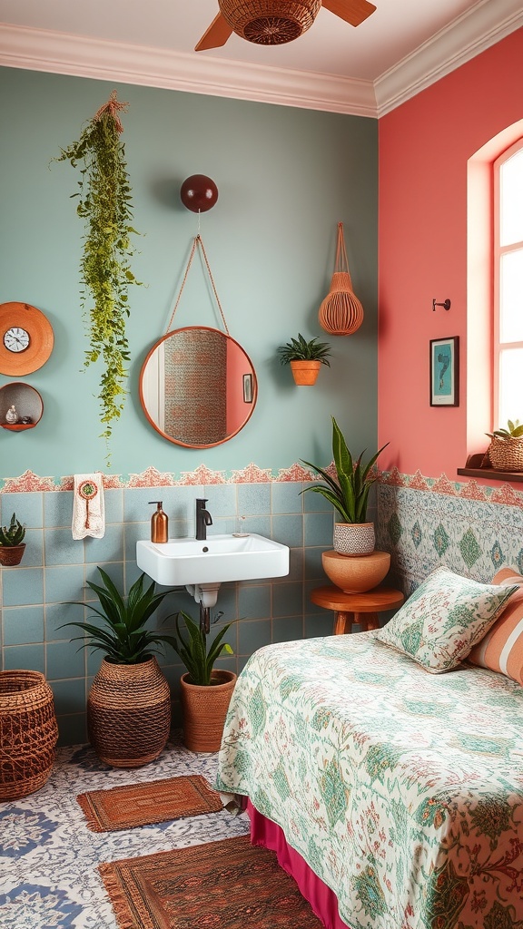 A bohemian bathroom featuring mint green and coral walls, patterned tiles, plants, and woven accessories.