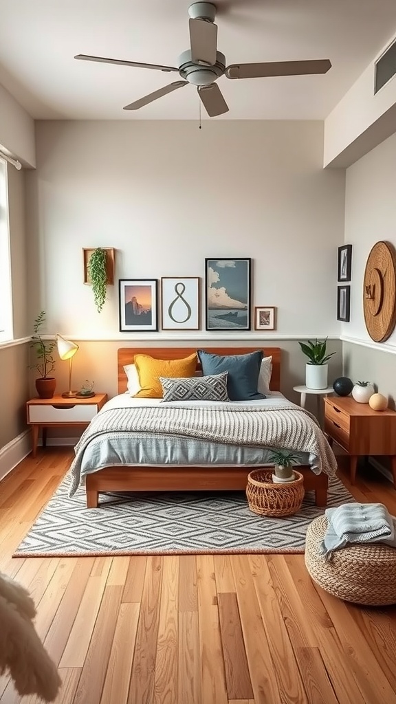 Cozy eclectic corner bed setup with pillows, artwork, and plants.