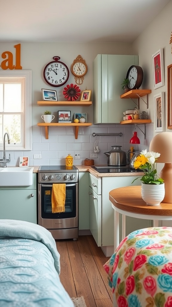 A retro kitchen featuring mint green cabinets, wooden shelves with decor, a cozy dining area, and colorful accents.