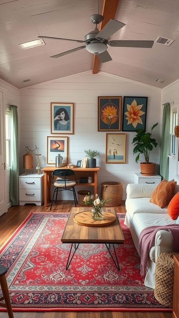 A cozy mobile home living room featuring eclectic decor with a red rug, wooden coffee table, and various wall art.