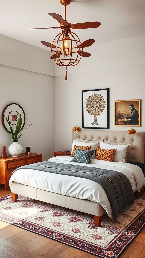 A modern Indian bedroom featuring eclectic decorative accents with a beige bed, colorful cushions, a vintage ceiling fan, artwork, and a potted plant.