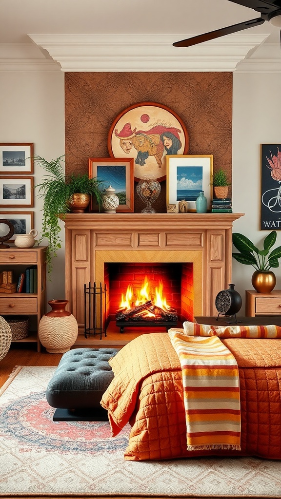 Cozy bedroom featuring a faux fireplace with warm glow, eclectic decor, and inviting bed
