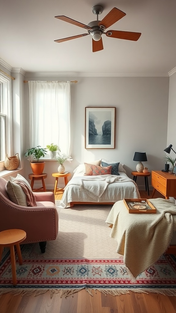 A cozy boho bedroom featuring eclectic furniture arrangements with a pink armchair, wooden tables, and plants.
