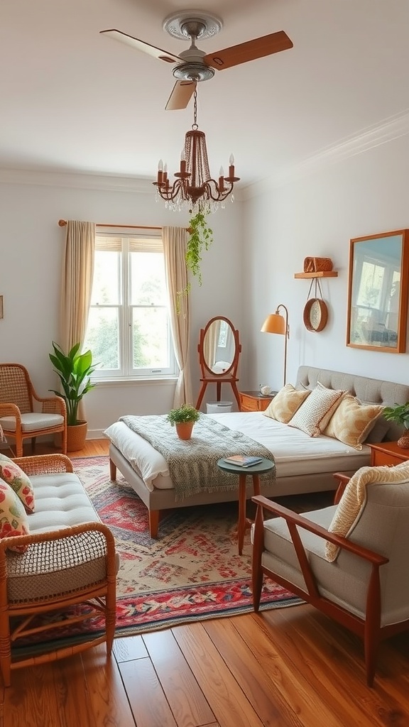 A cozy boho living room featuring eclectic furniture, plants, and a chandelier.