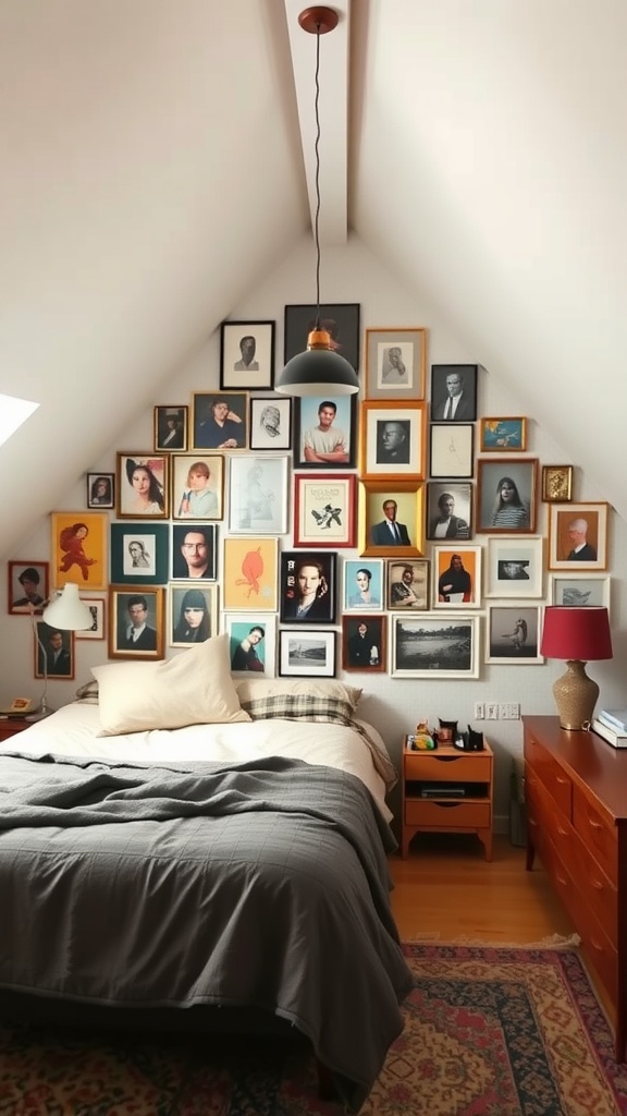 A cozy attic bedroom featuring an eclectic gallery wall with various framed artworks and portraits.