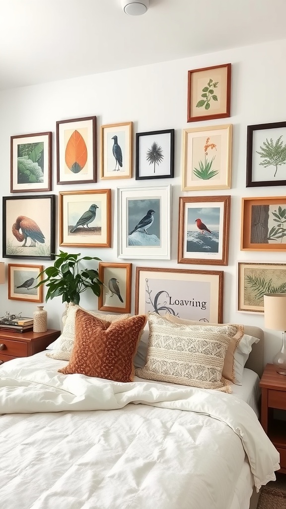 Eclectic gallery wall in a cozy bedroom featuring various framed nature-themed prints, a potted plant, and decorative pillows on the bed.