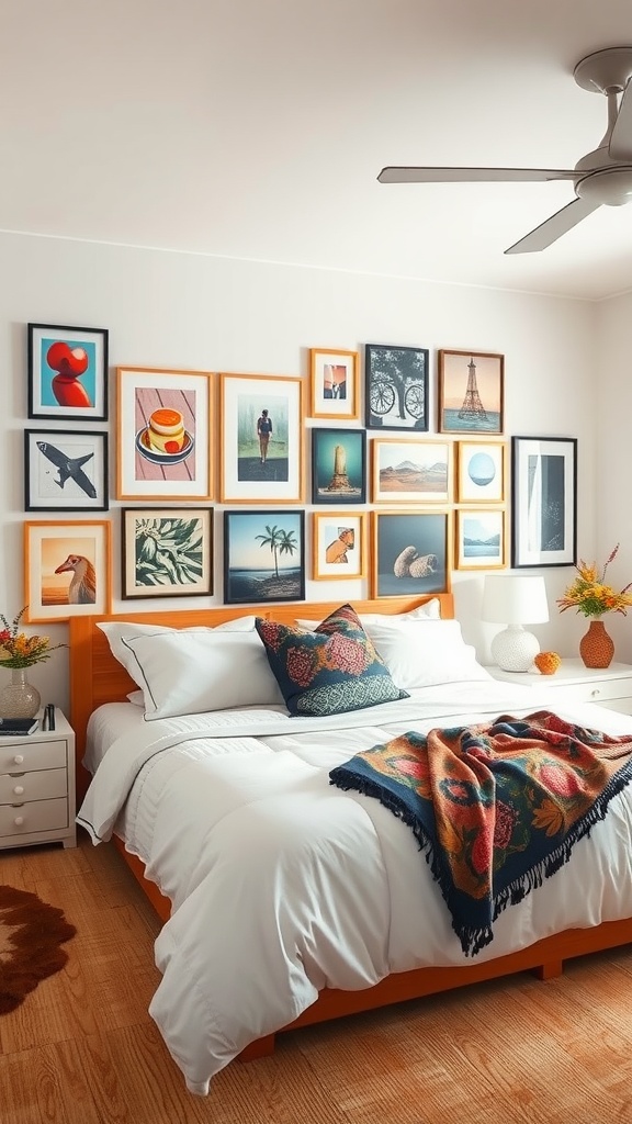 A cozy bedroom featuring an eclectic gallery wall with various framed artworks above the bed, showcasing vibrant colors and styles.